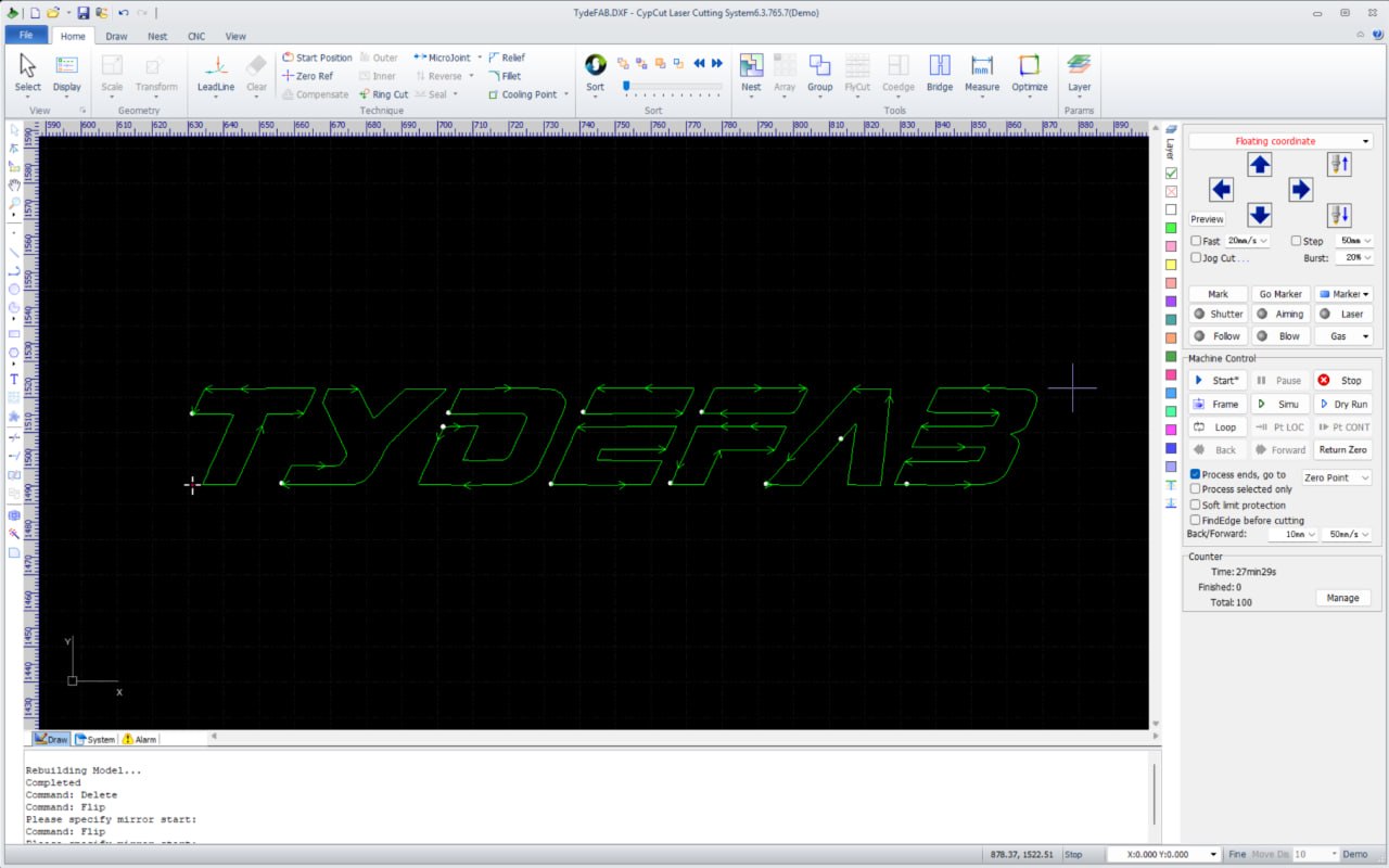 CypCut laser cutting software with TydeFab DXF file loaded